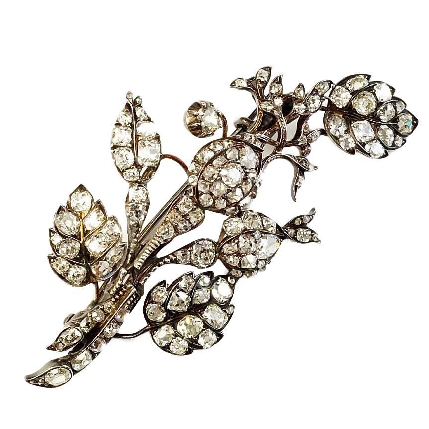 Antique Victorian Rose cut Diamond silver gold Flower Spray Brooch  For Sale