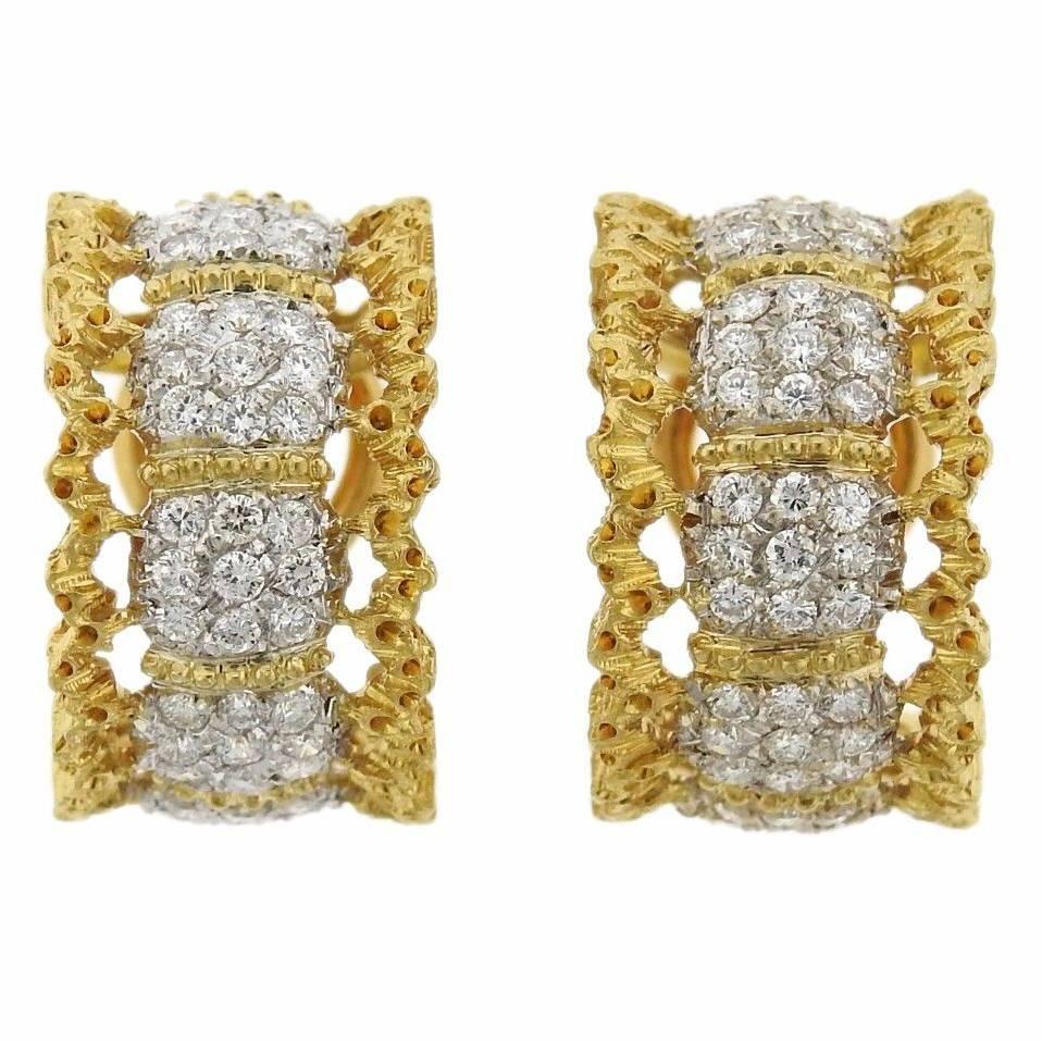 Buccellati Diamond Gold Hoop Earrings For Sale