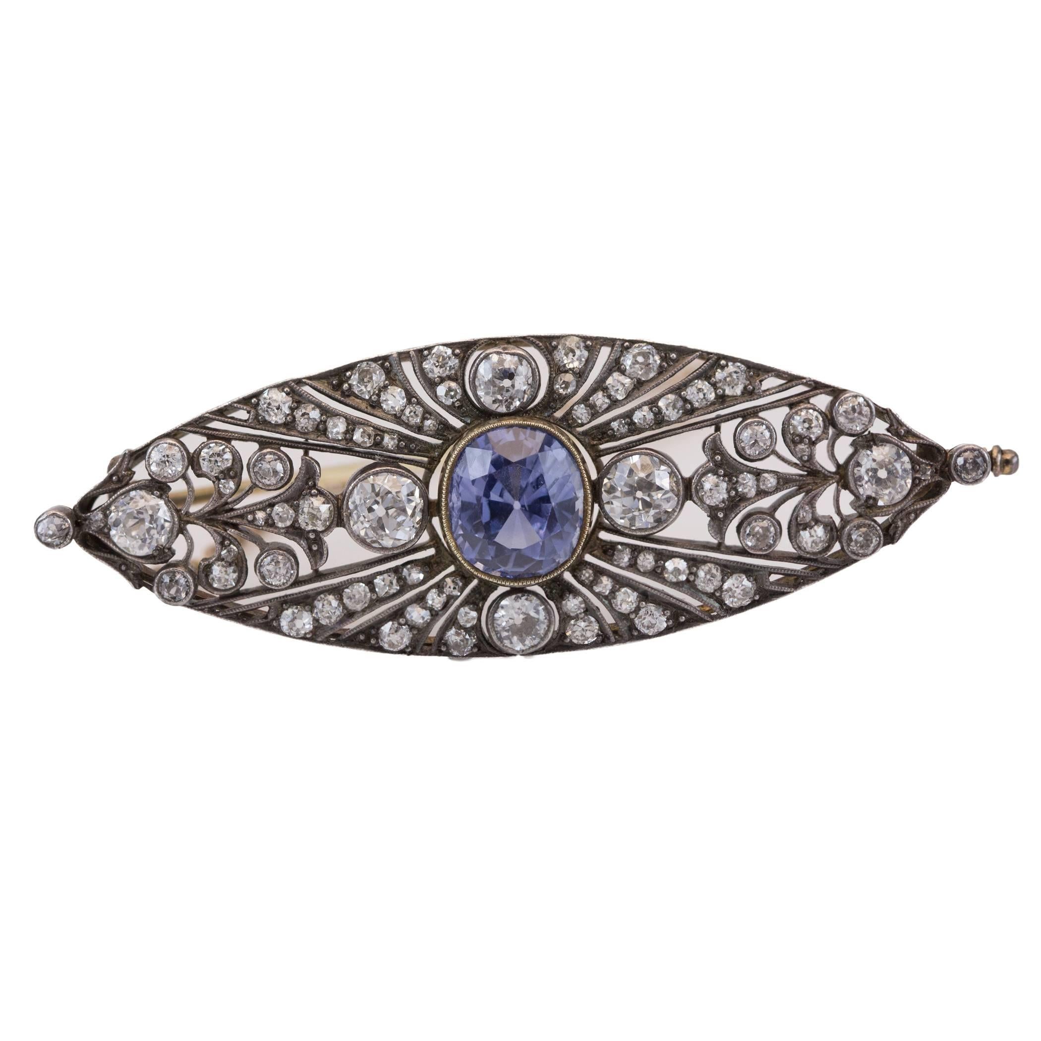 Antique Victorian Sapphire and Old-European Diamond Silver-Topped Gold Brooch