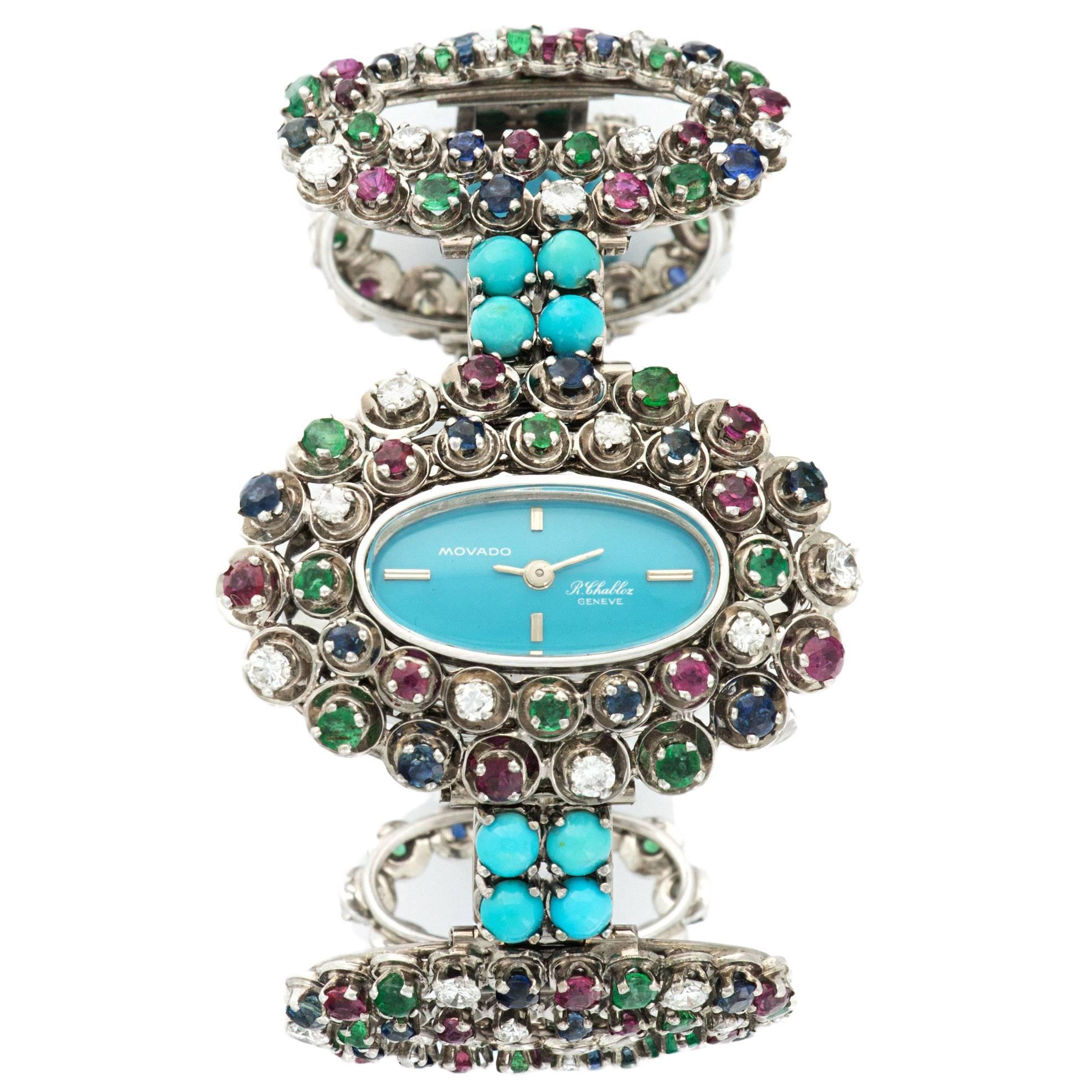 Movado Ladies Multicolor White Gold Diamond Turquoise Bracelet Wristwatch For Sale