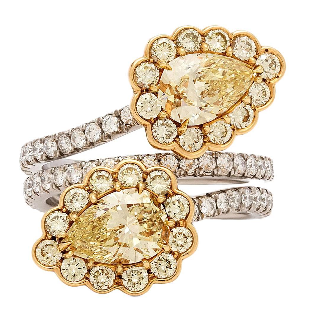 GIA Fancy Light Yellow Diamond gold platinum Flower Bypass Ring