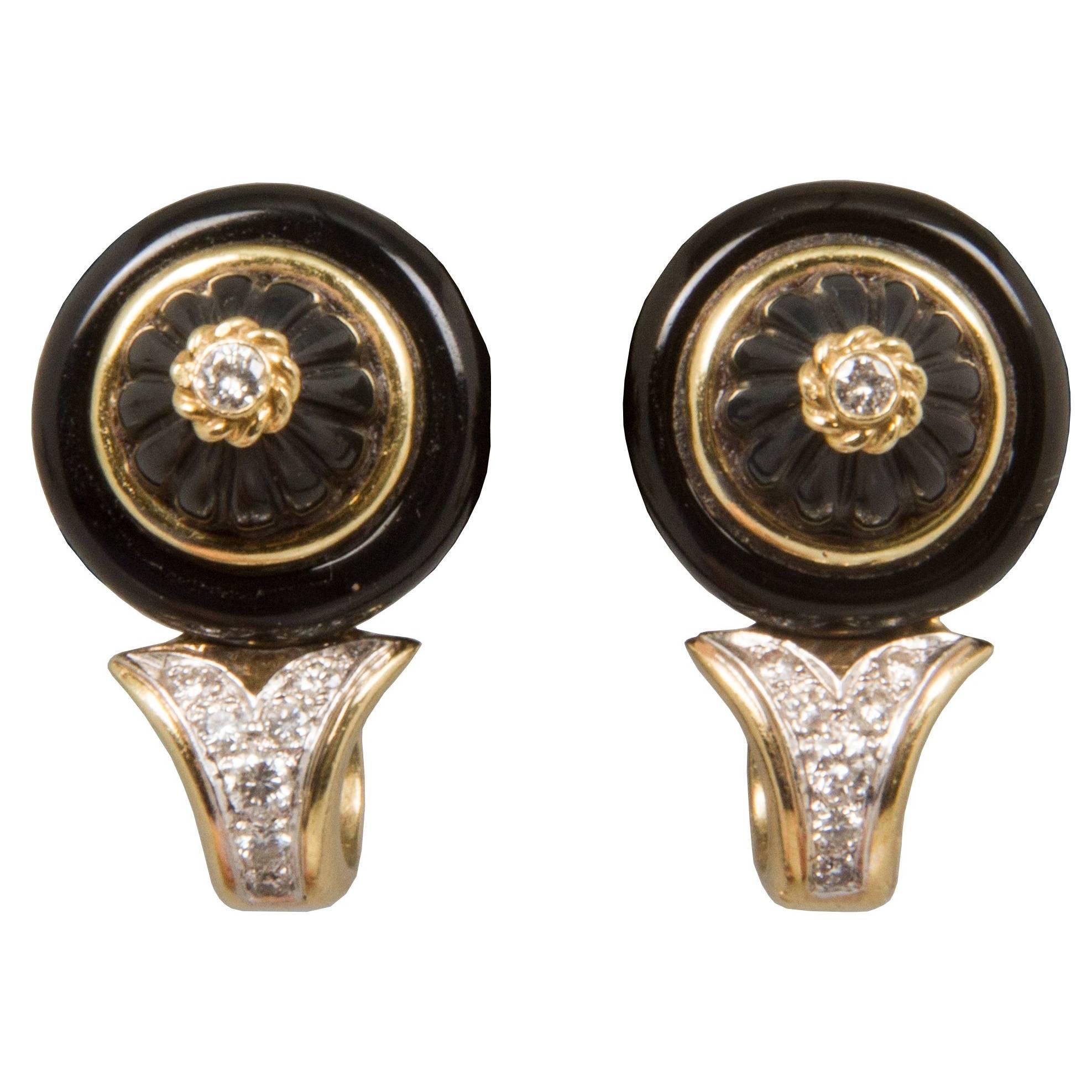 R. Stone Handsome Pair of Onyx Diamond Earclips   For Sale