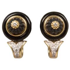 R. Stone Handsome Pair of Onyx Diamond Earclips  