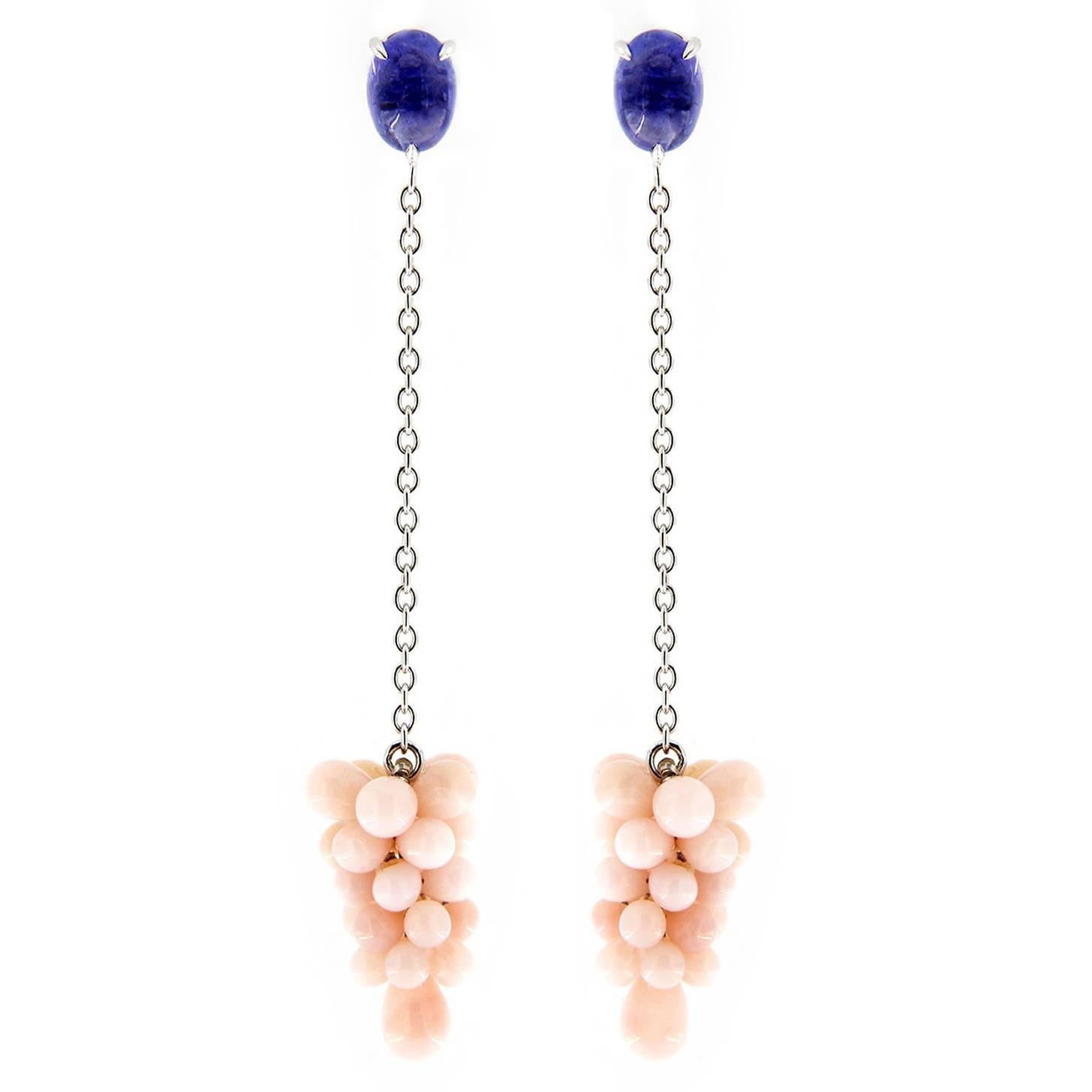 Jona Pink Opal Cluster Tanzanite Gold Pendant Earrings