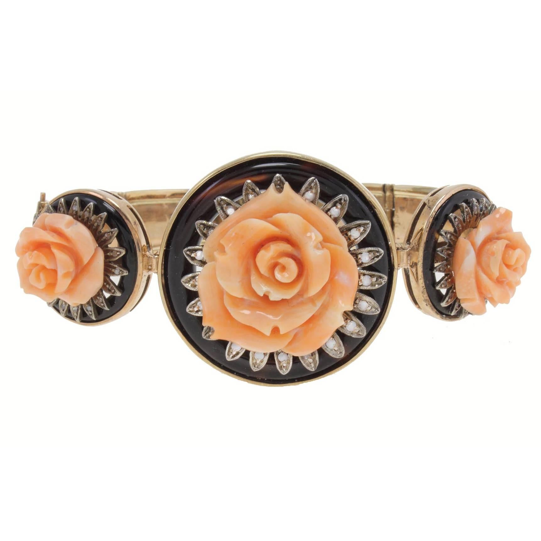 Rose Corals Onyx Diamond Gold and Silver Bracelet For Sale