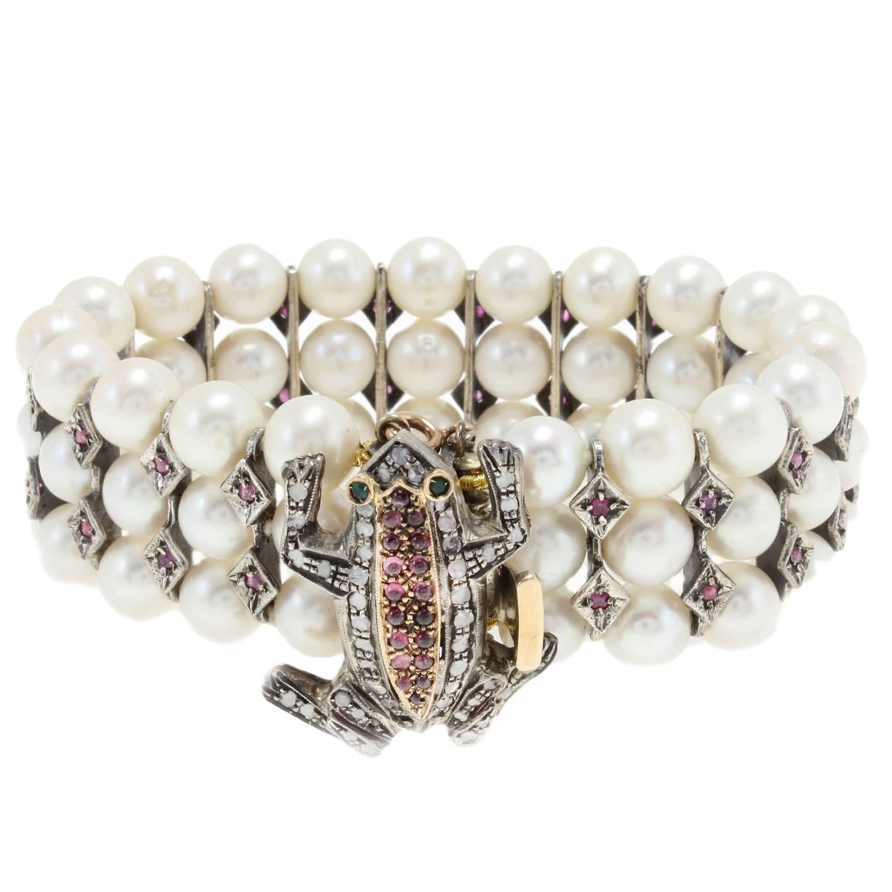 Luise Pearl Ruby Emerald Garnet Diamond Bracelet in silver and Gold
