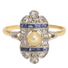 French Art Deco Pearl Sapphire Diamond Ring