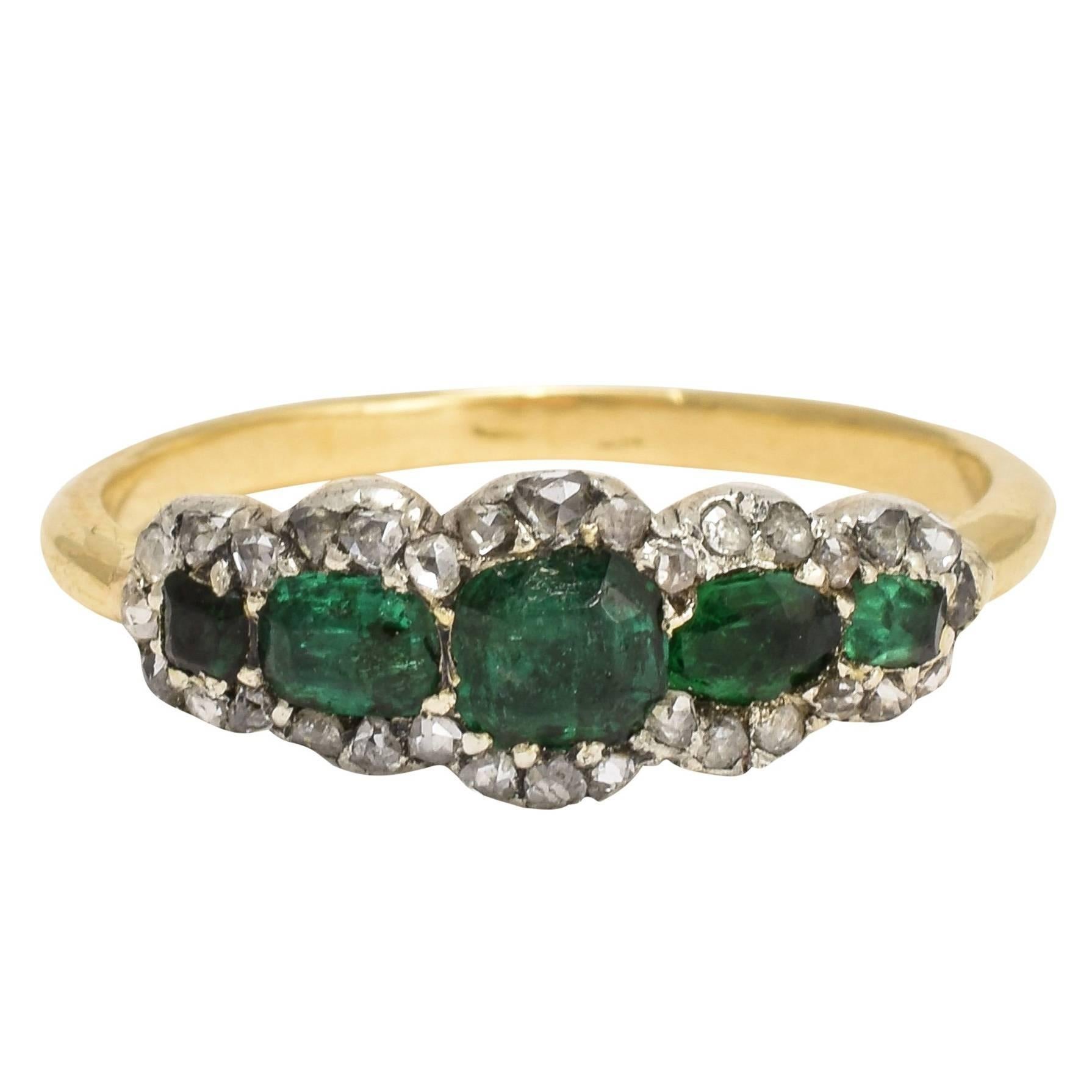 1830s Antique Georgian Emerald Diamond silver gold 5 Stone Cluster Ring