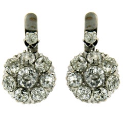 Old Cut Diamond Gold Cluster Drop Earrings
