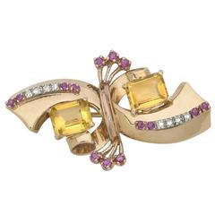 Retro Citrine Ruby Diamond Two Color Gold Brooch