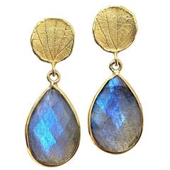 Barbara Heinrich Faceted Labradorite Gold Petal Top Handmade Dangle Earrings