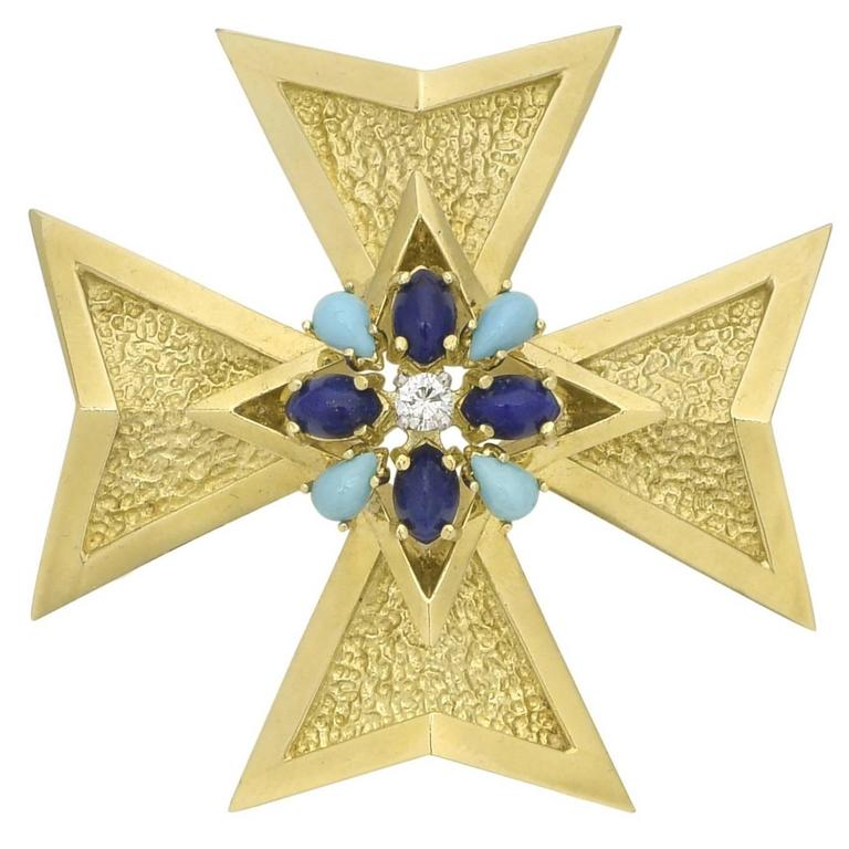 Lapis Turquoise Diamond gold Maltese Cross Pendant Brooch at 1stDibs