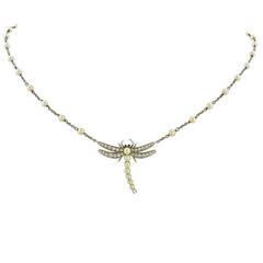 Vintage Tiffany & Company Cultured White Pearl Diamond Platinum Dragonfly Necklace 