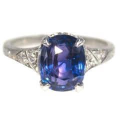 Vintage Natural Color Change AGL Sapphire Diamond Platinum Ring 