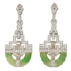 Art Deco Jadeite Jade Diamond Platinum Earrings 