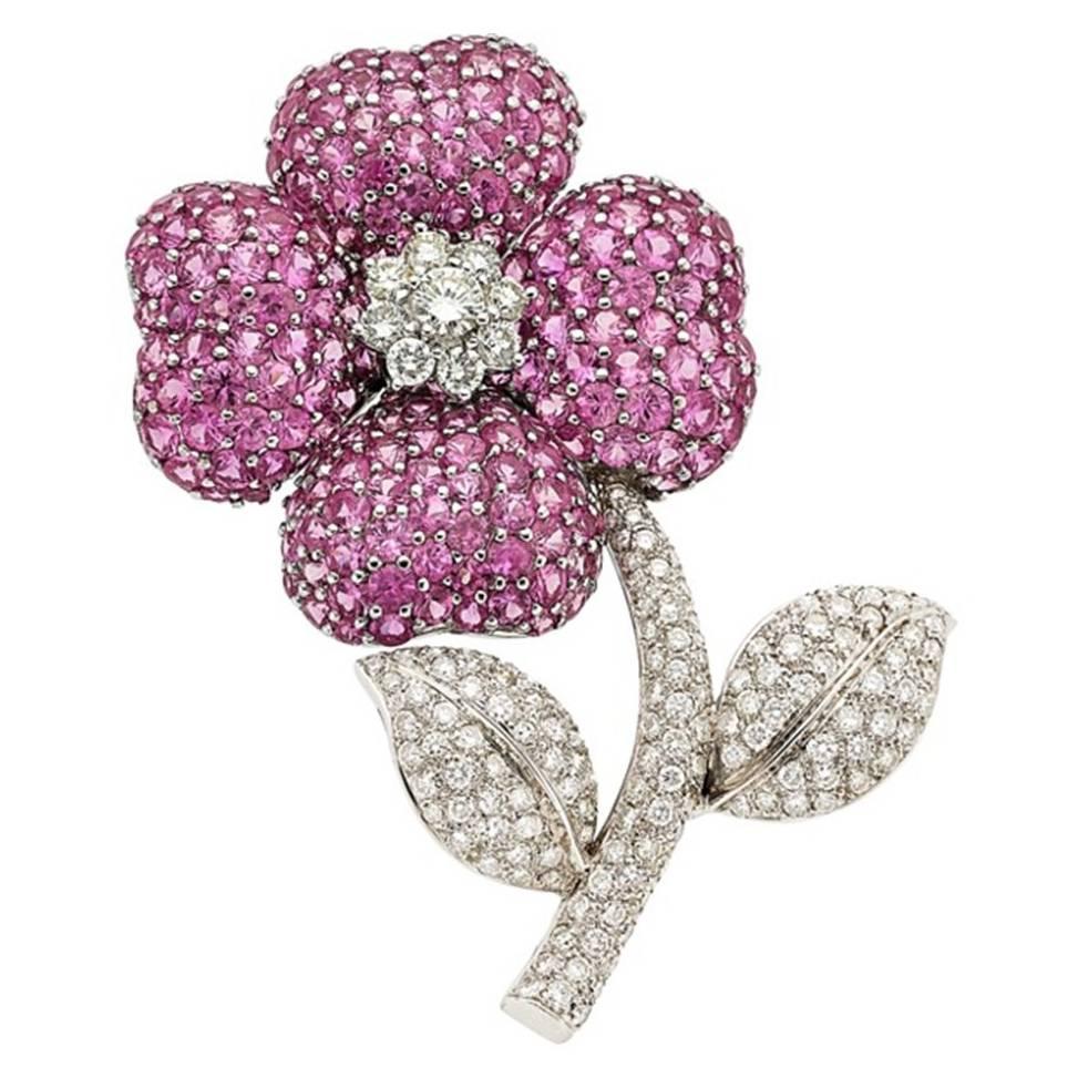 Pink Sapphire Diamond Gold Flower Brooch