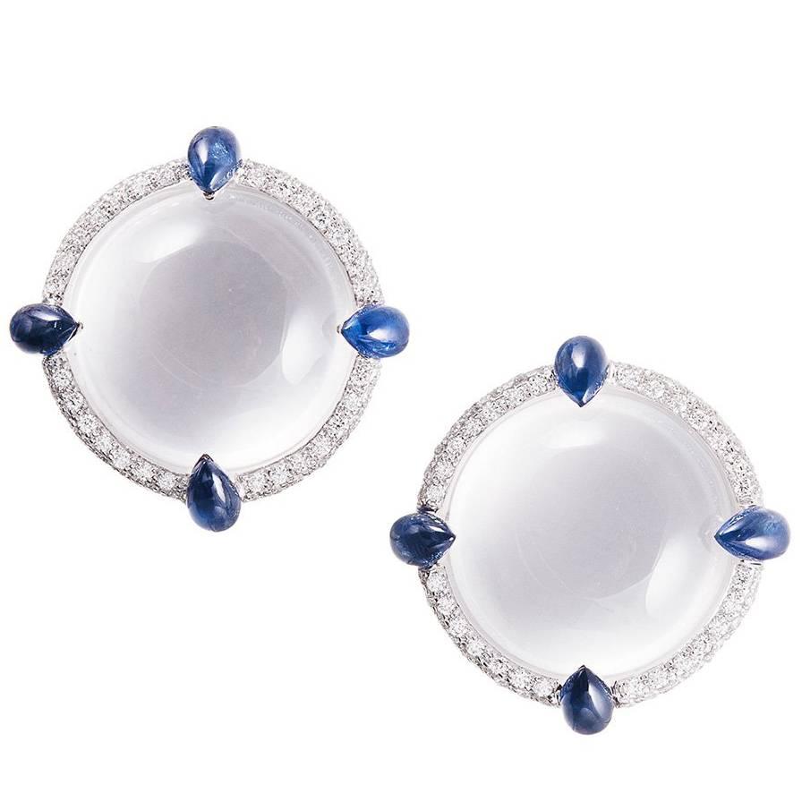 Seaman Schepps White quartz Blue Sapphire Diamond Gold Earrings  For Sale