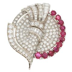 Art Deco Diamond Ruby Platinum Double Clip Brooch