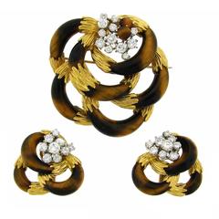 1970s Kutchinsky Tiger Eye Diamond Gold Earrings Brooch Pin Clip Set