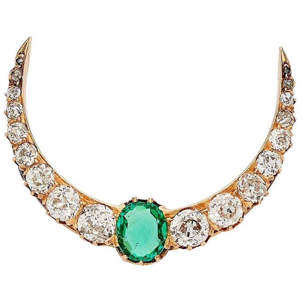Victorian Emerald Diamond Gold Cresent Brooch