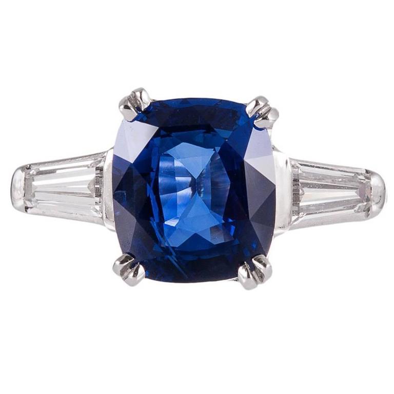 3.16 Carat Cushion Sapphire Ring with Tapered Baguette Diamonds at ...