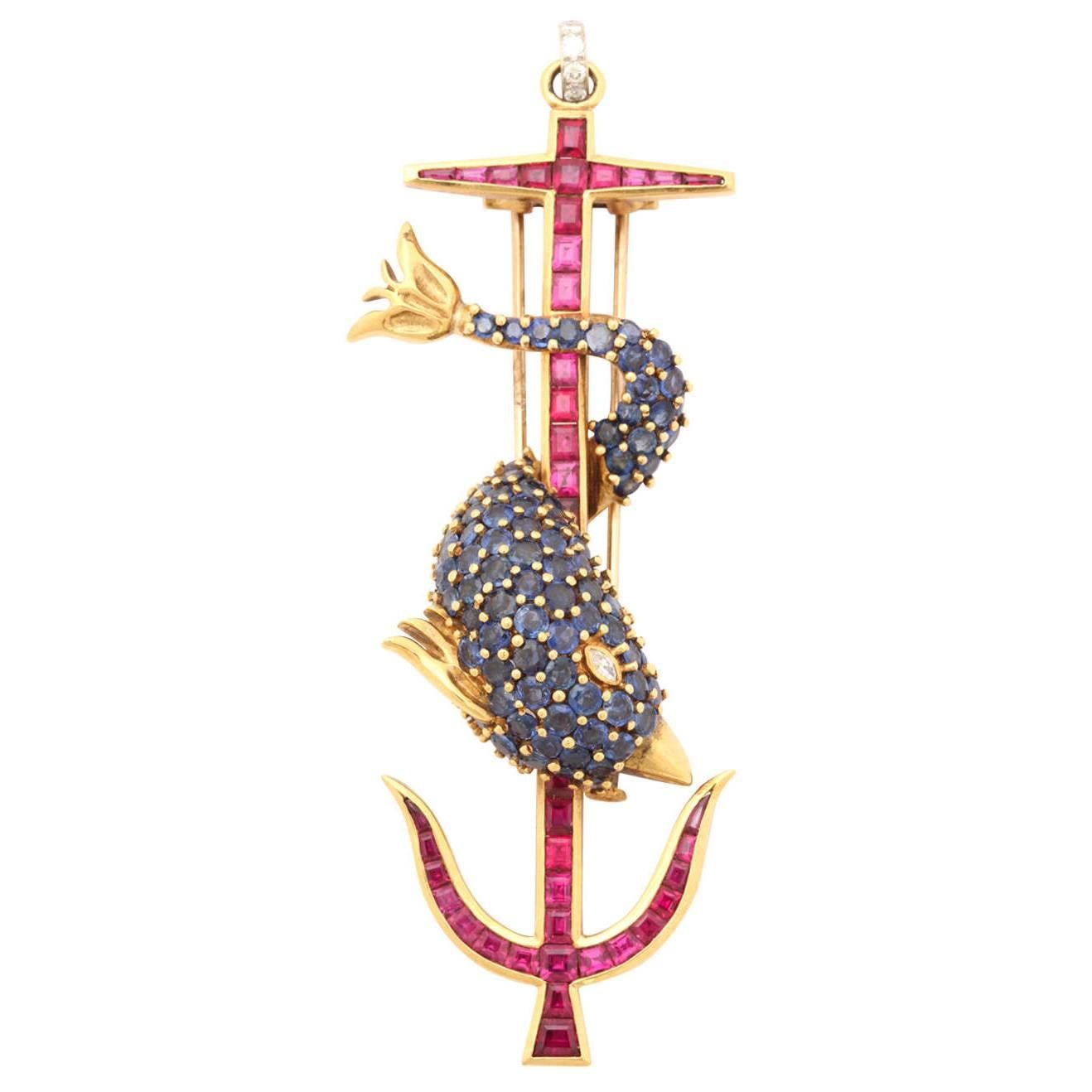 Gold Nautical Dolphin and Anchor Brooch For Sale