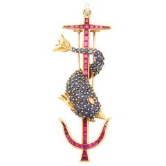 Gold Nautical Dolphin and Anchor Brooch