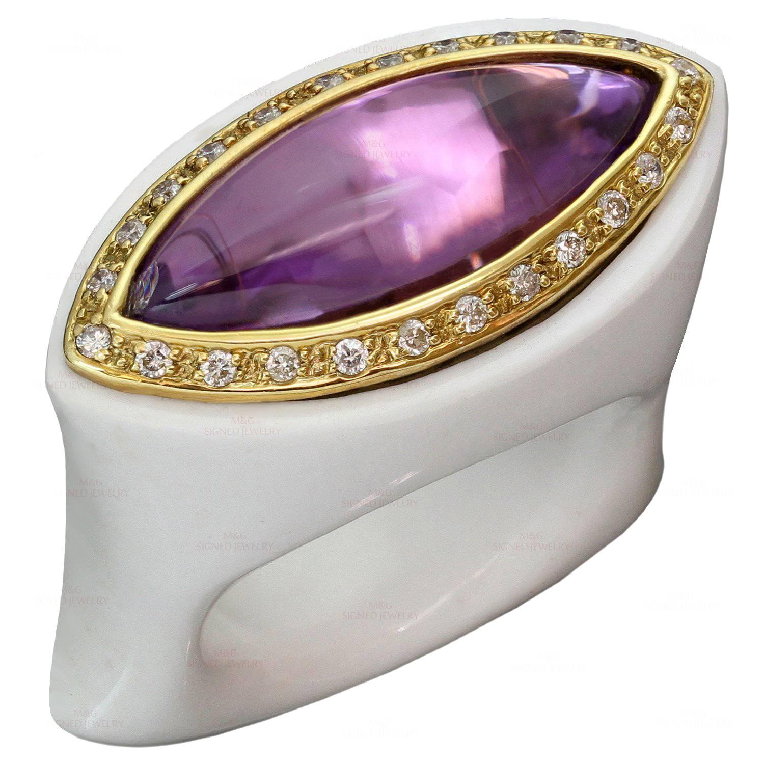 Amethyst Diamond White Agate Yellow Gold Ring Size 53