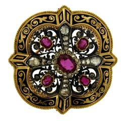 Georgian Diamond Ruby Enamel Gold Brooch/Clasp