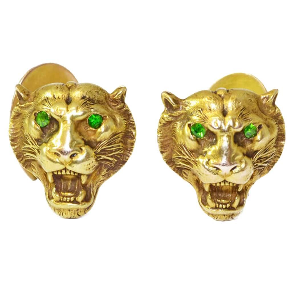 Antique Victorian garnet gold Lion head Cufflinks