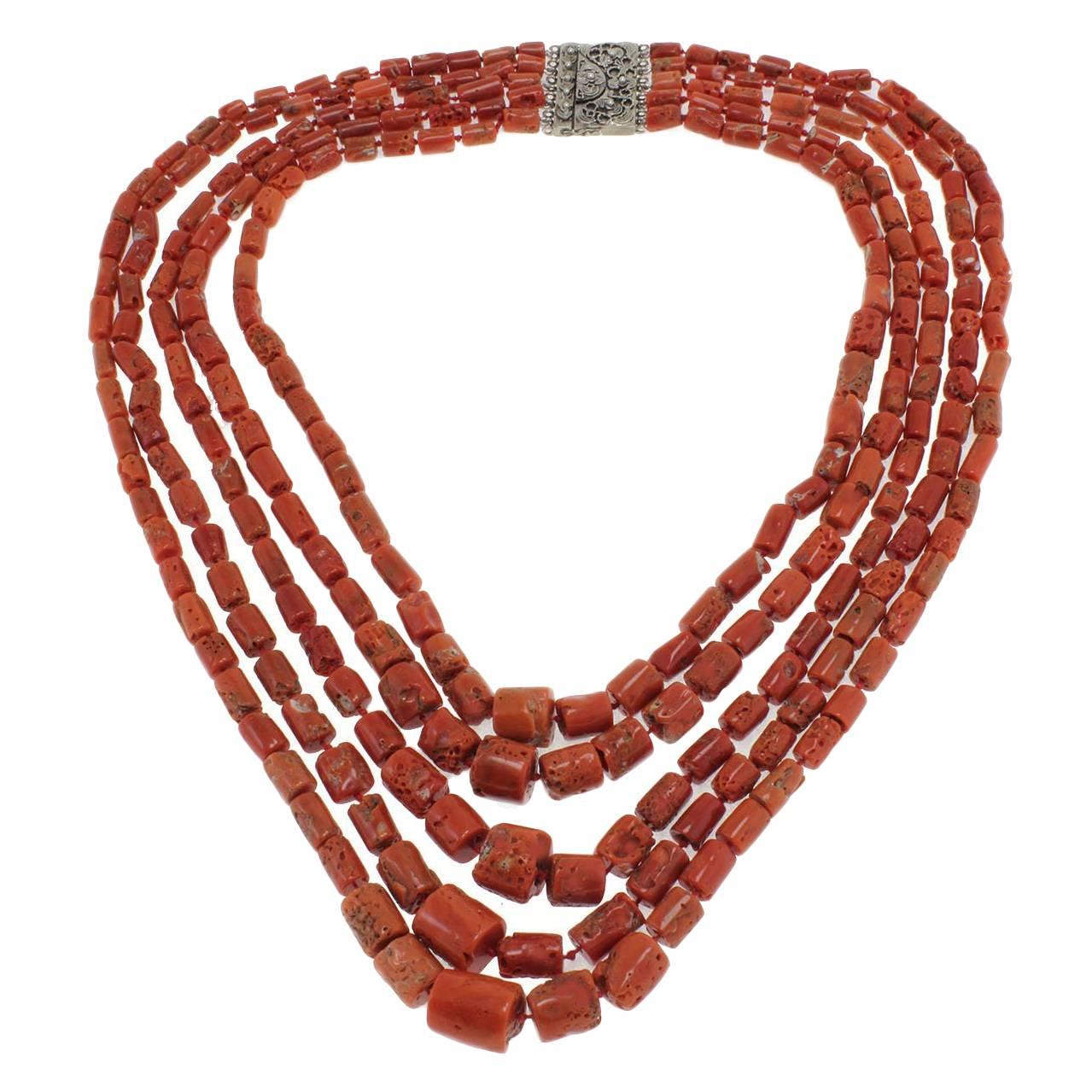 Antique Italian Coral Necklace with Silver Clasp