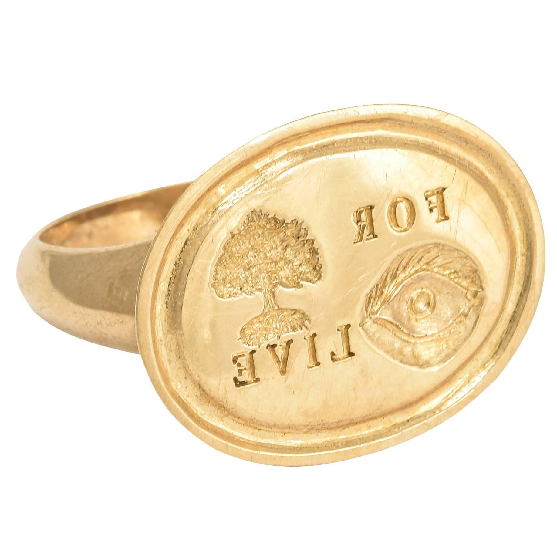 Rebus Puzzle "For You I Live" Gold Signet Ring
