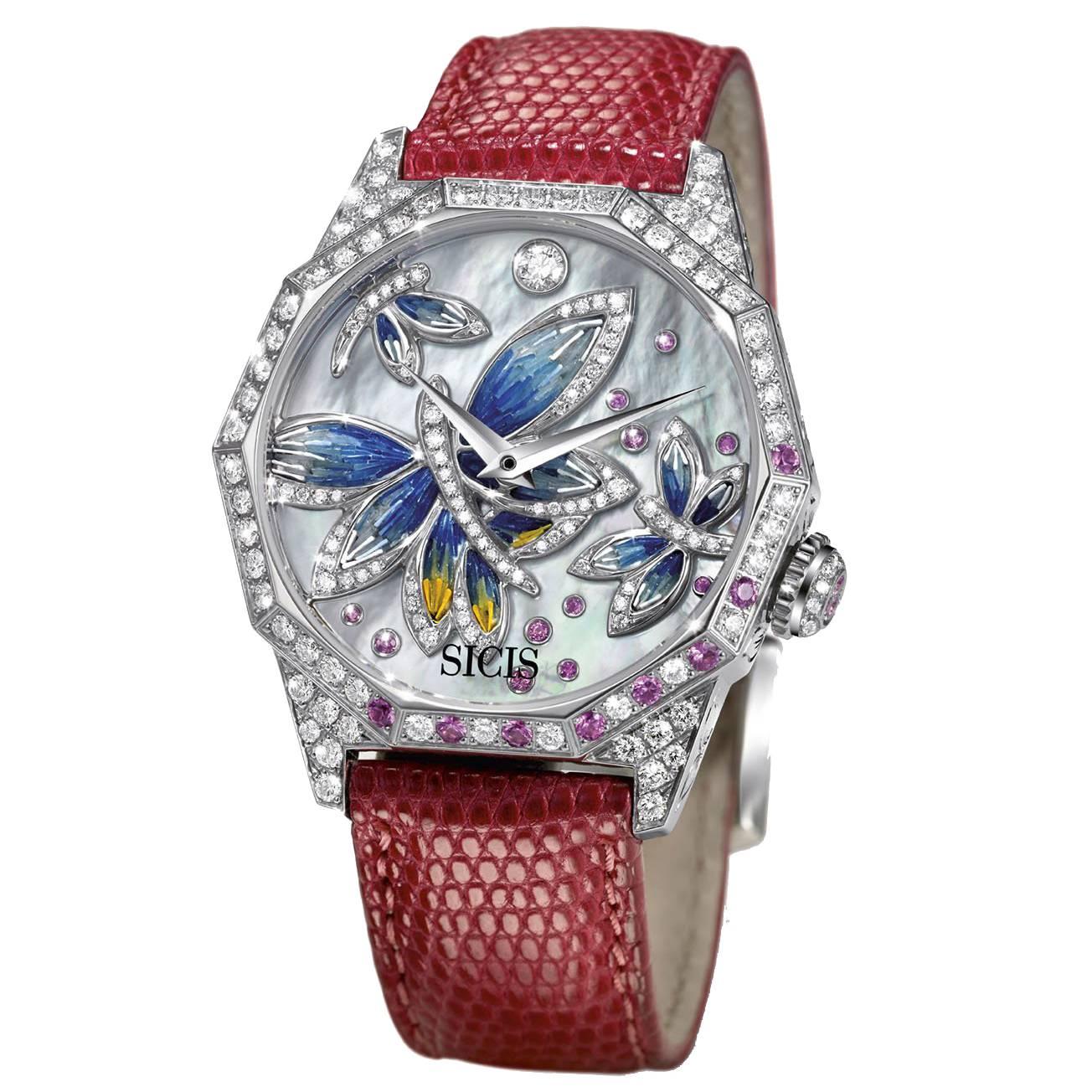 Elegante Automatik-Armbanduhr aus Weißgold mit weißen Diamanten und rosa Saphiren, Mikromosaik