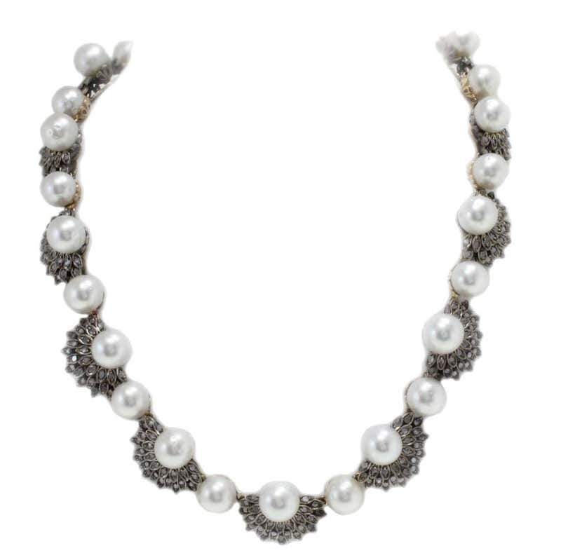 Diamonds Silver Pearls White Gold Clasp Beaded Necklace For Sale at ...