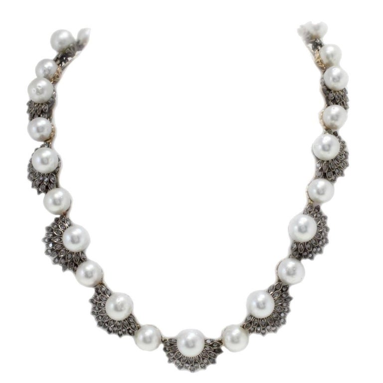 Sea Pearl Diamond Rose Gold and Silver Necklace For Sale at 1stDibs