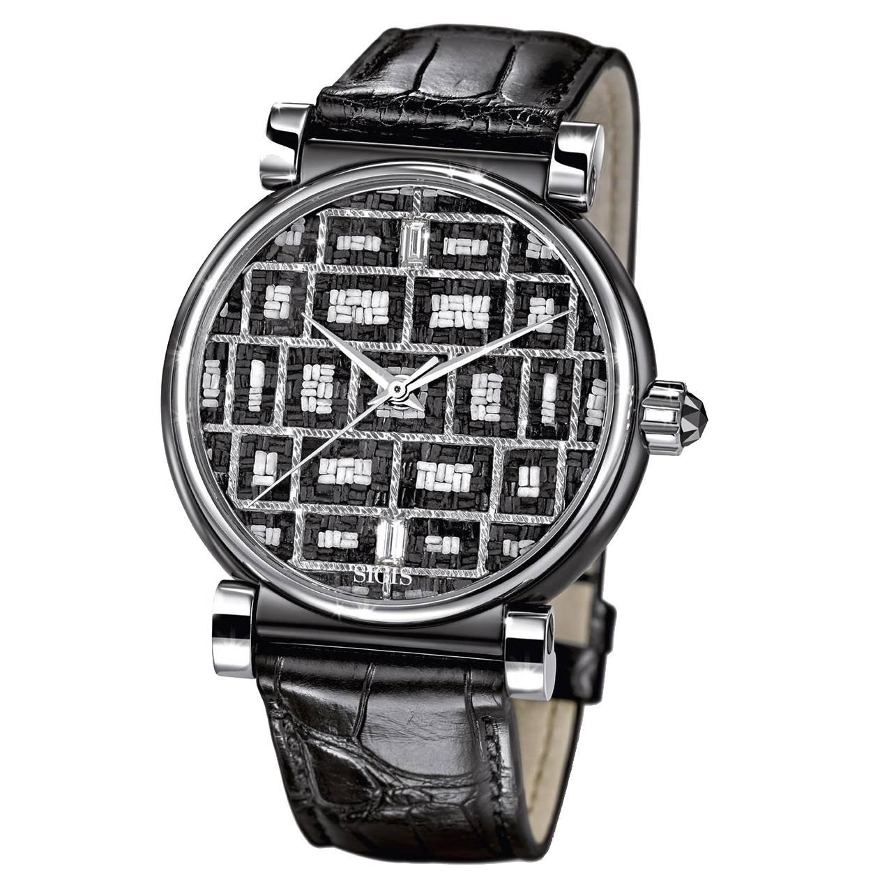 Wristwatch Stainless Steel Case Automatic Movement Black & White Diamonds For Sale