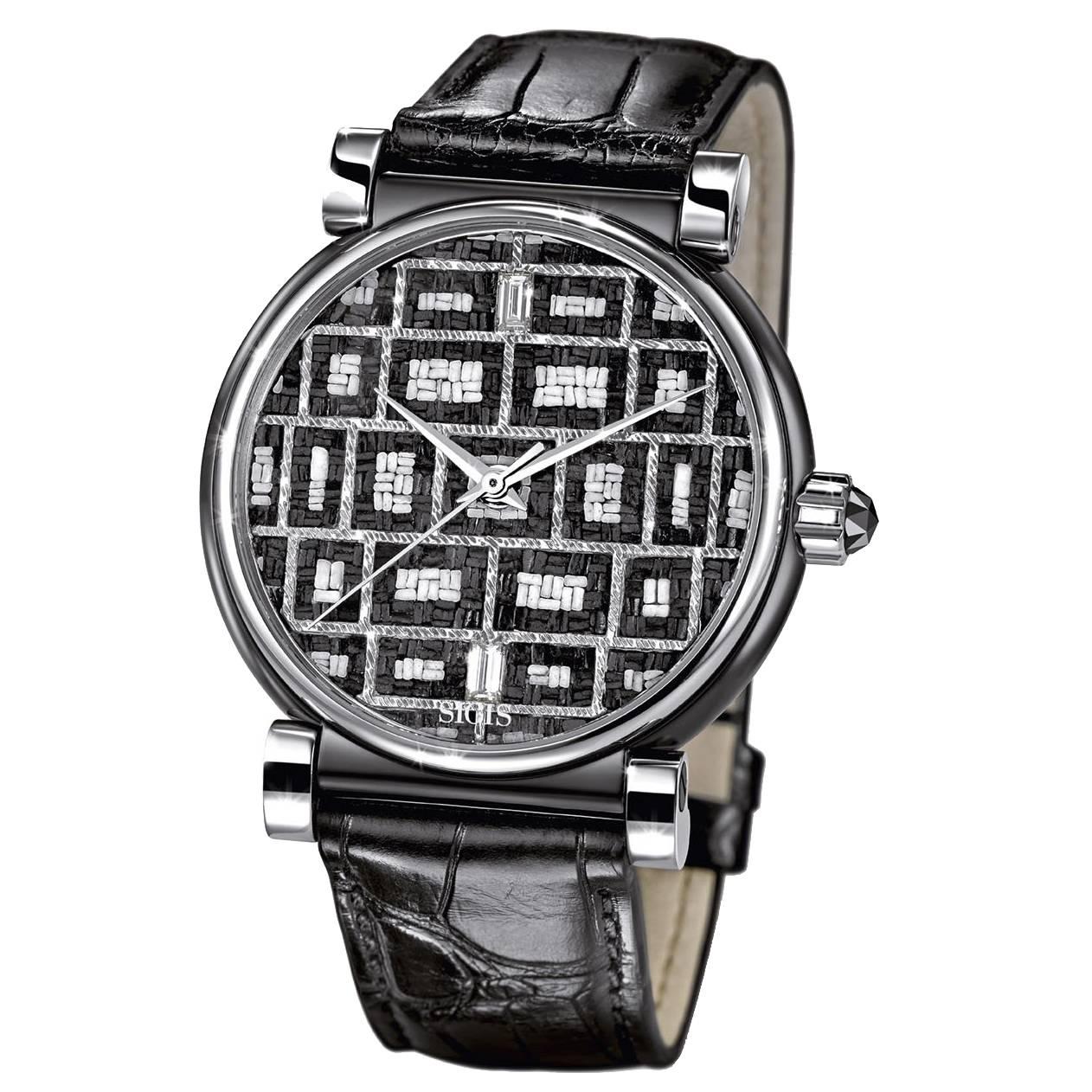 White Gold Watch with Enamel, White and Black Diamonds. Automatic Movement