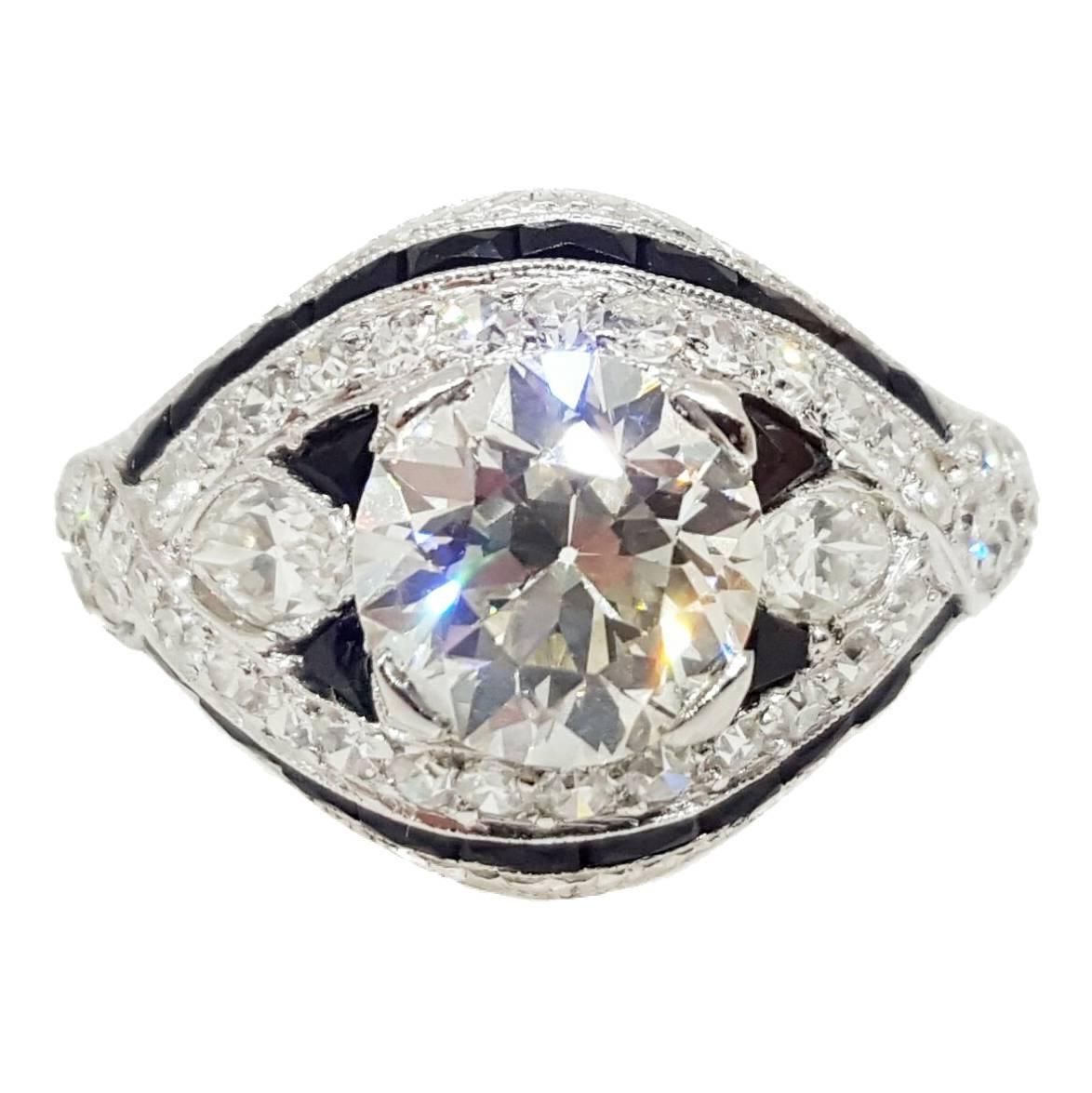 Art Deco Onyx Diamond Platinum Engagement Ring