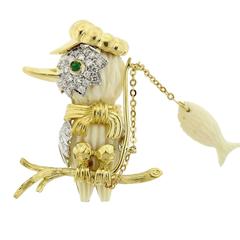 Whimsical Emerald Diamond Gold Bird Fishing Brooch Pin