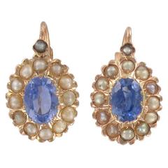 Antique French Napoleon III Sapphire and Natural Pearl Drop Earrings