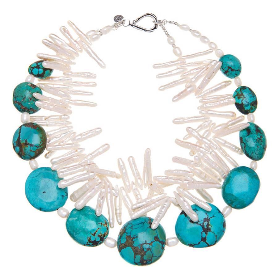 Deborah Liebman White Pearl Turquoise Sterling Silver Multi-strand Necklace