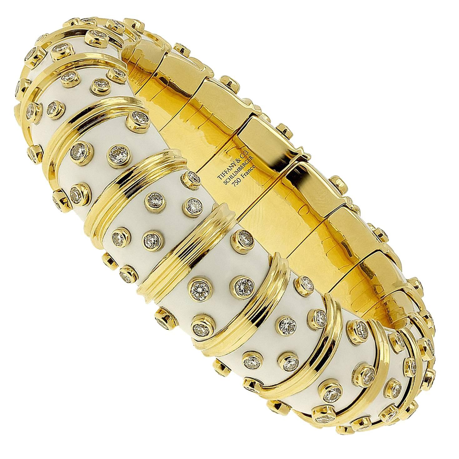 Tiffany & Co. Schlumberger White Enamel Diamond Gold Bangle Bracelet For Sale