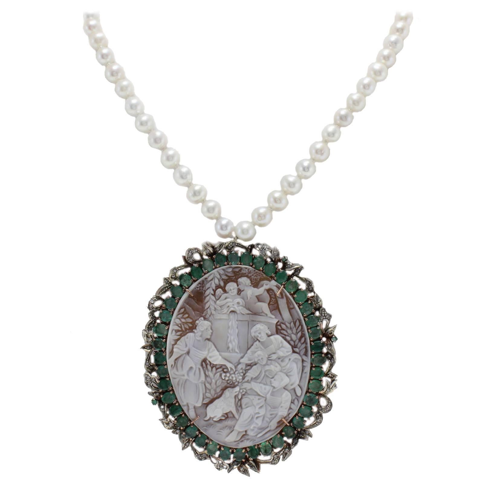 Cameo Pearl Silver Gold Necklace For Sale at 1stDibs