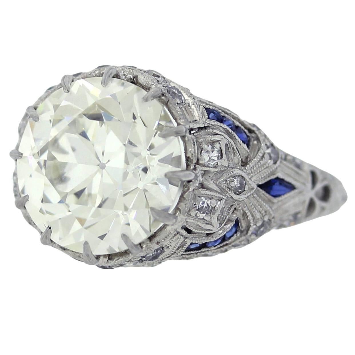 1920s Antique Art Deco Filigree Platinum 5.48ct Diamond Sapphire Engagement Ring For Sale
