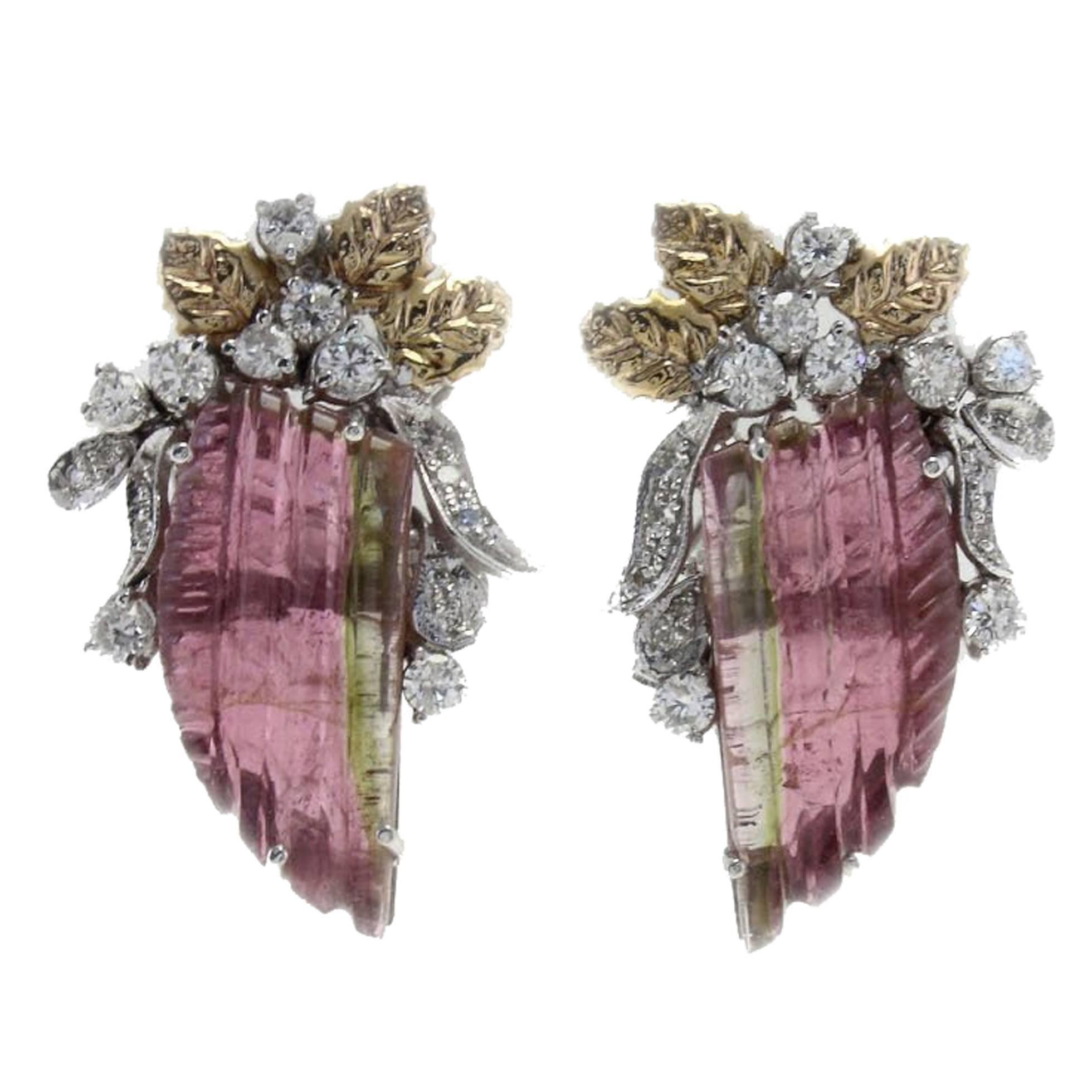 Tourmaline Diamonds Two-Color Gold Earrings