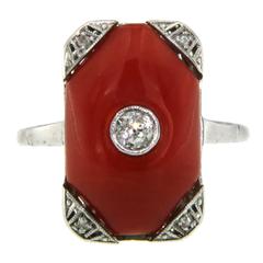 Art Deco Diamond Coral Platinum Ring
