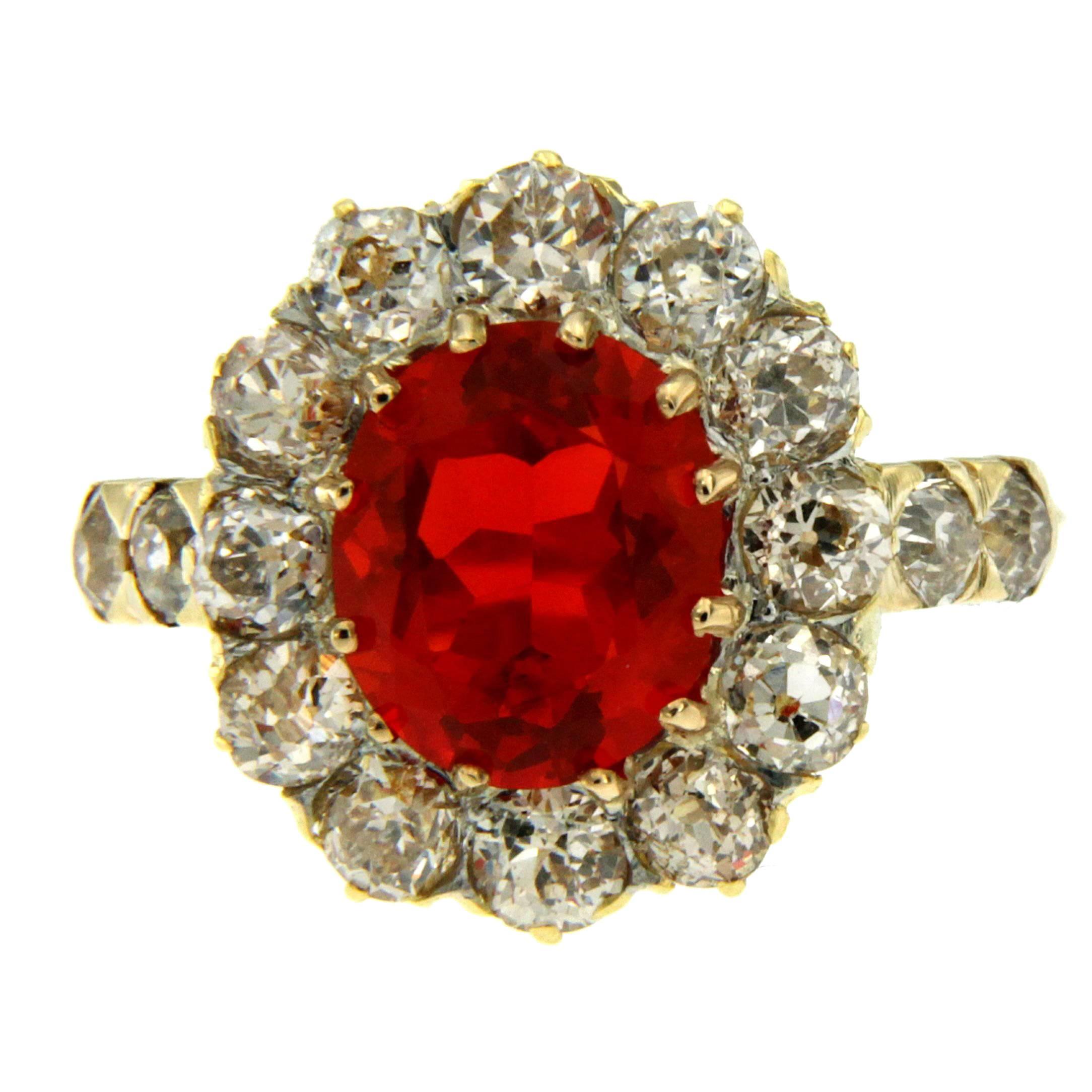 Antique Fire Opal Diamond Cluster Gold Ring