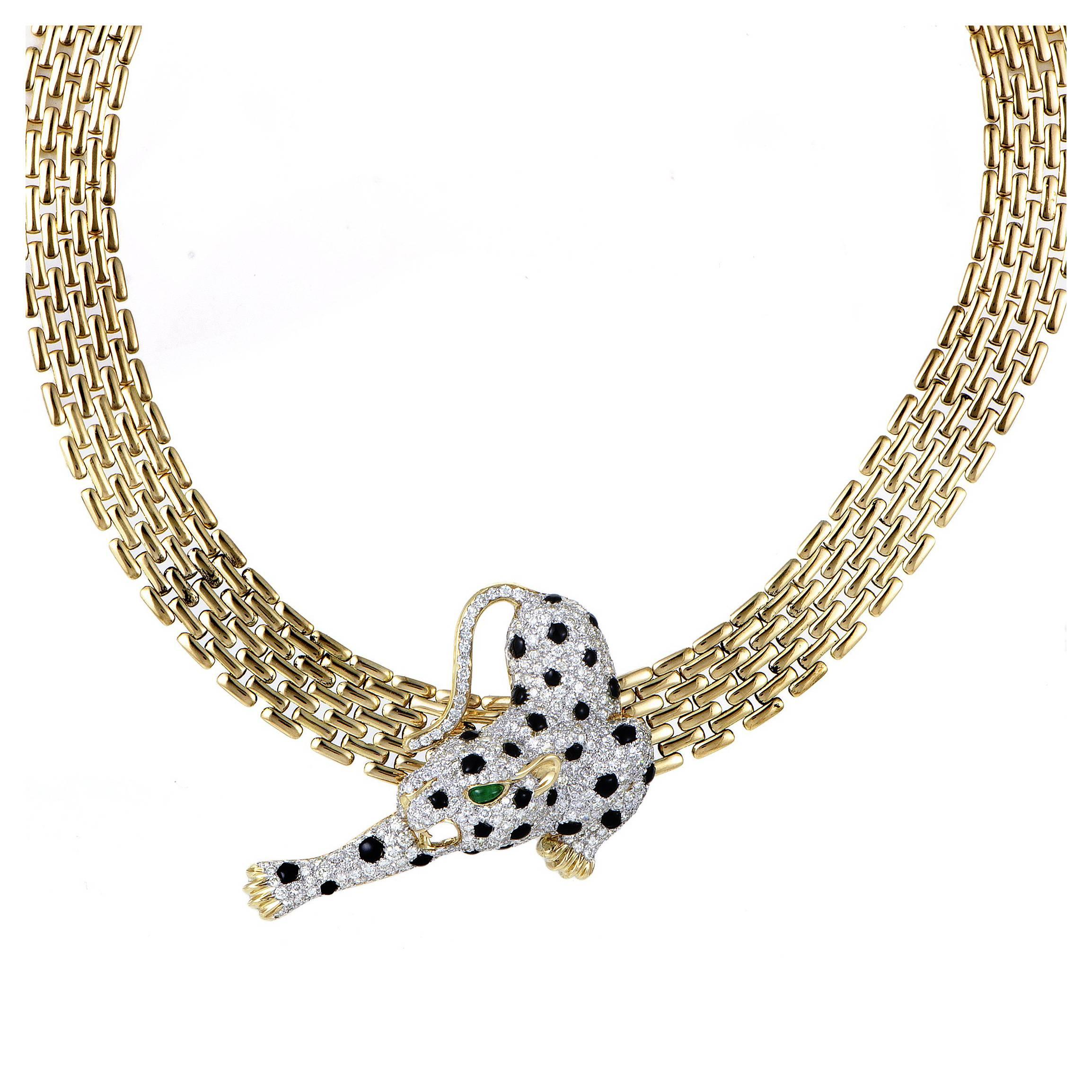 Diamond Pave Snow Leopard Brooch Pendant and Gold Necklace
