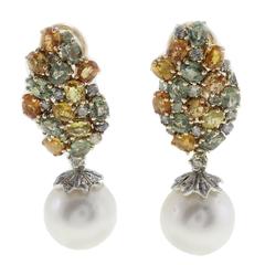 Luise Multicolor Pearls Sapphires Diamonds Two Color Gold Earrings