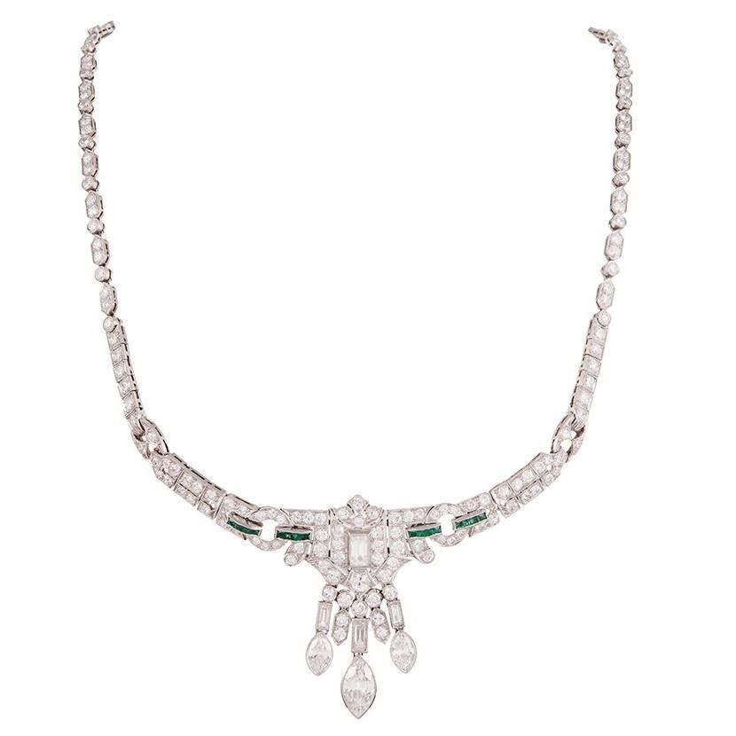 Art Deco Emerald Diamond Platinum Necklace at 1stDibs